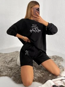 EURMUSE Slogan Graphic Drop Shoulder Sweatshirt & Shorts - Black - View 5