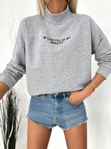 RueChic Slogan Print Stand Neck Drop Shoulder Sweatshirt - Grey - View 4