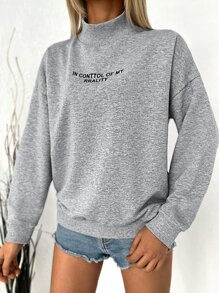 RueChic Slogan Print Stand Neck Drop Shoulder Sweatshirt - Grey - View 5