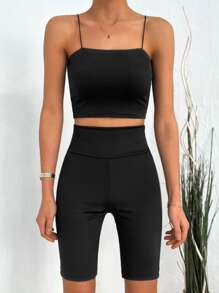 SHEIN Cottnline Ribbed Knit Crop Cami Top & Biker Shorts - Black - View 5