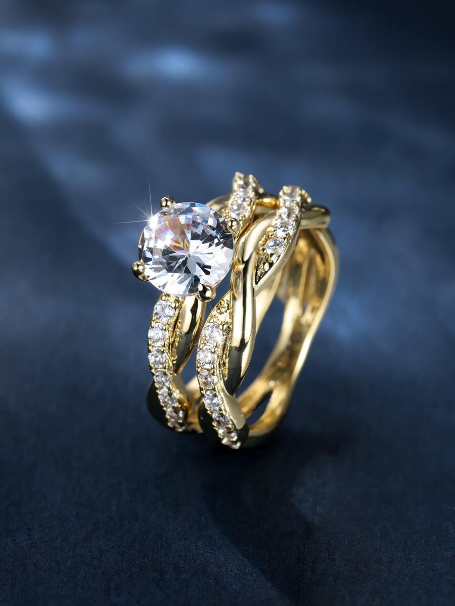 Vanel 2入組華麗宮廷風格四爪方晶鋯石裝飾交叉戒指女式，適合婚禮、宴會和派對 - 金黃色 - 查看 1