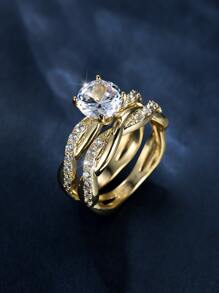 Vanel 2入組華麗宮廷風格四爪方晶鋯石裝飾交叉戒指女式，適合婚禮、宴會和派對 - 金黃色 - 查看 3