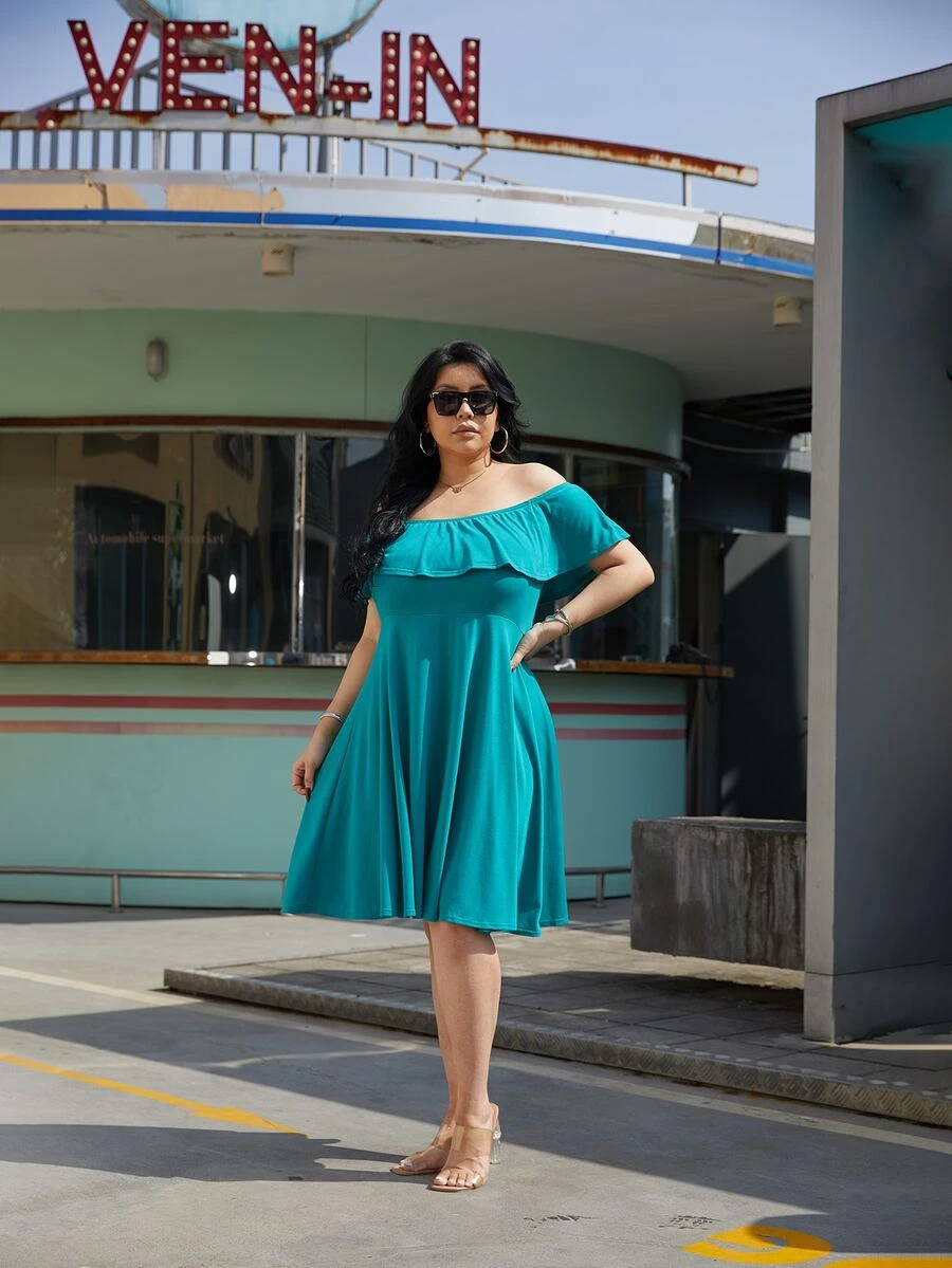 Vestido de hombros descubiertos ribete con fruncido - Verde - Ver 1