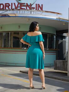 Vestido de hombros descubiertos ribete con fruncido - Verde - Ver 2