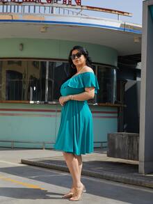 Vestido de hombros descubiertos ribete con fruncido - Verde - Ver 4