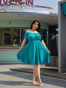 Vestido de hombros descubiertos ribete con fruncido - Verde - Ver 5