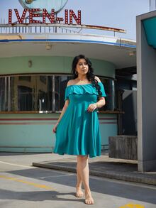 Vestido de hombros descubiertos ribete con fruncido - Verde - Ver 6