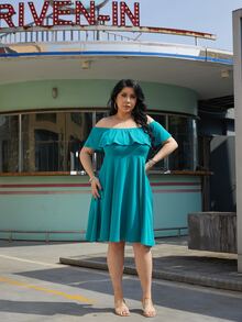 Vestido de hombros descubiertos ribete con fruncido - Verde - Ver 7