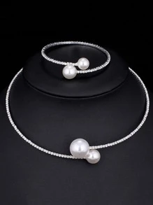 1/2pcs Luxury Rhinestone & Faux Pearl Bracelet & Necklace Set, Suitable For Evening Party
