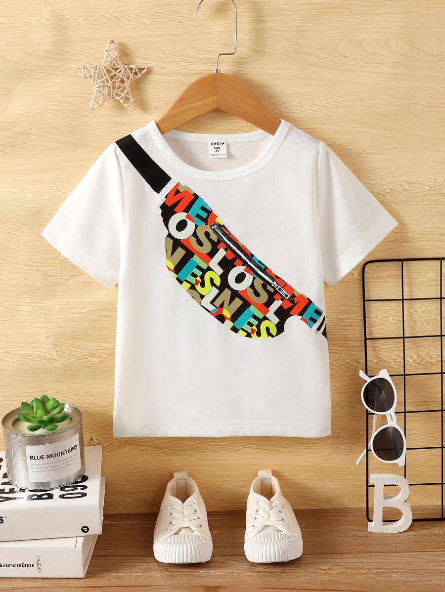 SHEIN 1入組小男童休閒後背包圖案短袖T恤,夏天