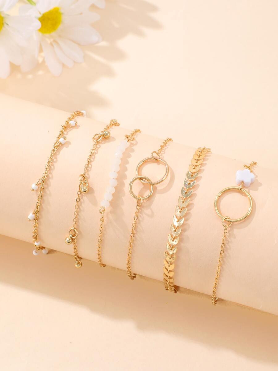 6入組花卉與人造珍珠裝飾手鍊 - 金色 - 查看 1