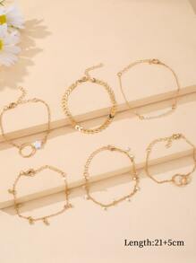 6入組花卉與人造珍珠裝飾手鍊 - 金色 - 查看 3