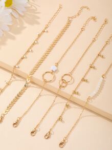 6入組花卉與人造珍珠裝飾手鍊 - 金色 - 查看 4