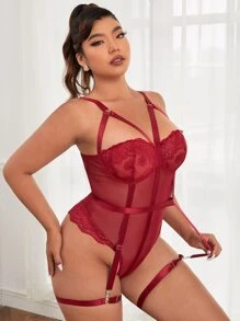 Classic Sexy Plus Contrast Lace Mesh Underwire Garter Teddy Bodysuit - Burgundy - View 3