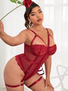 Classic Sexy Plus Contrast Lace Mesh Underwire Garter Teddy Bodysuit - Burgundy - View 4