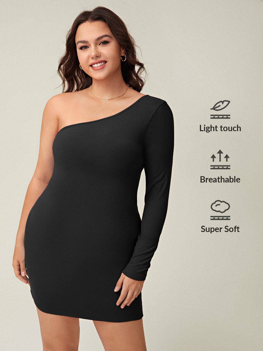 SHEIN BASICS Plus One Shoulder Bodycon Dress - Black - View 1