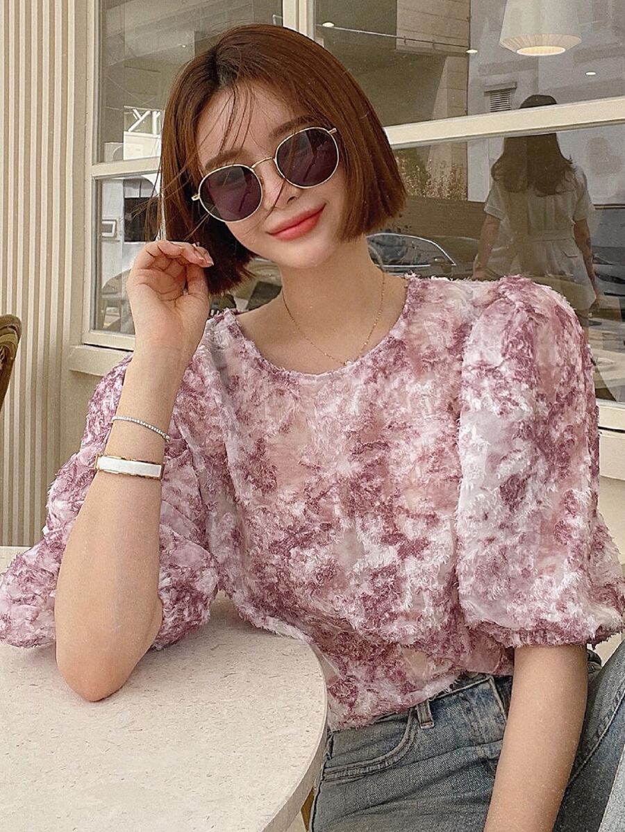 DAZY Blusa con mangas abullonadas y estampado gráfico, con volantes - Rosa - Ver 1