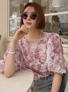 DAZY Blusa con mangas abullonadas y estampado gráfico, con volantes - Rosa - Ver 2