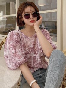 DAZY Blusa con mangas abullonadas y estampado gráfico, con volantes - Rosa - Ver 3