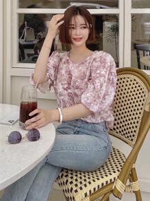 DAZY Blusa con mangas abullonadas y estampado gráfico, con volantes - Rosa - Ver 4
