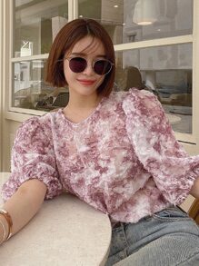 DAZY Blusa con mangas abullonadas y estampado gráfico, con volantes - Rosa - Ver 5