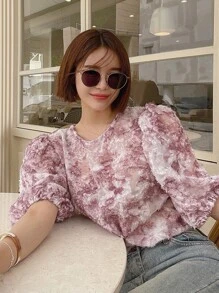 DAZY Blusa con mangas abullonadas y estampado gráfico, con volantes - Rosa - Ver 6