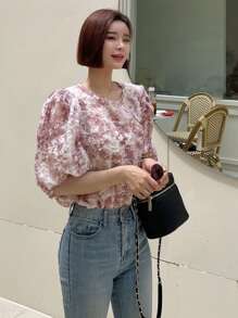 DAZY Blusa con mangas abullonadas y estampado gráfico, con volantes - Rosa - Ver 7
