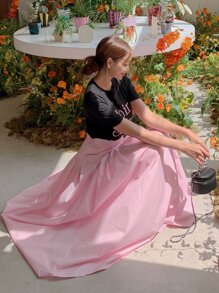 DAZY Solid High Waist Flare Skirt - Baby Pink - View 3