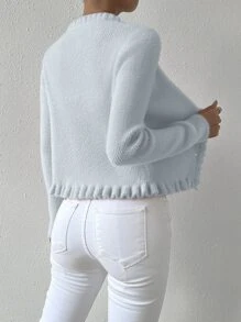 EMERY ROSE Frill Trim Button Front Cardigan,Long Sleeve Tops Fall Winter Cloth For Women - Baby Blue - View 2