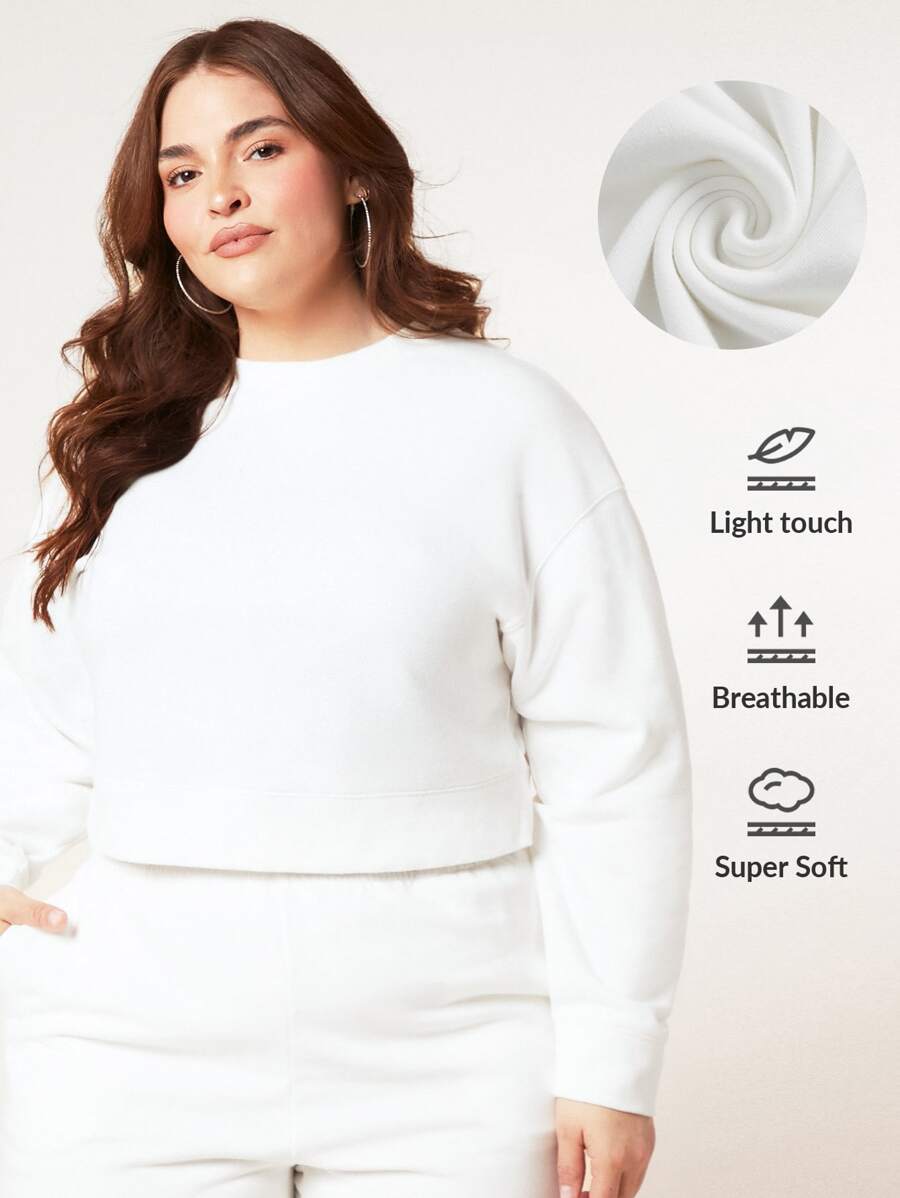 SHEIN BASICS Plus Terry Fleece Drop Shoulder Solid Sweatshirt - White - View 1