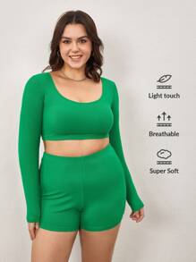 SHEIN BASICS Plus Scoop Neck Crop Top & Cycling Shorts - Green - View 1