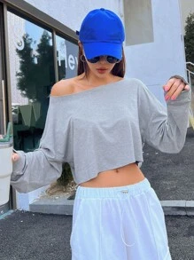 DAZY Solid Drop Shoulder Crop Tee Preppy Tops Long Sleeve Women Tops,Fall Women Clothes