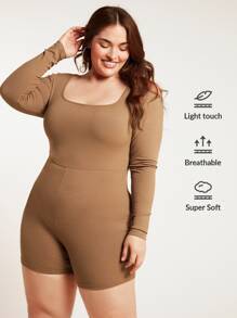 SHEIN BASICS Plus Scoop Neck Unitard Romper - Camel - View 1