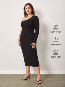 SHEIN BASICS Vestido Bodycon De Hombro Descubierto En Talla Grande - Negro - Ver 1