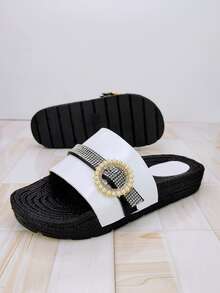 女式水鑽裝飾拖鞋人造皮革時尚平底涼鞋 - 白色 - 查看 2