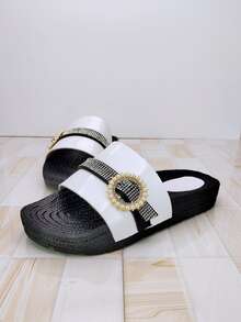 女式水鑽裝飾拖鞋人造皮革時尚平底涼鞋 - 白色 - 查看 4