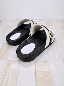 女式水鑽裝飾拖鞋人造皮革時尚平底涼鞋 - 白色 - 查看 5