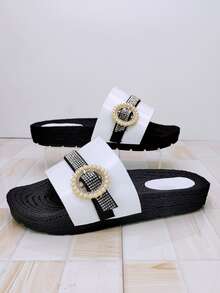 女式水鑽裝飾拖鞋人造皮革時尚平底涼鞋 - 白色 - 查看 6