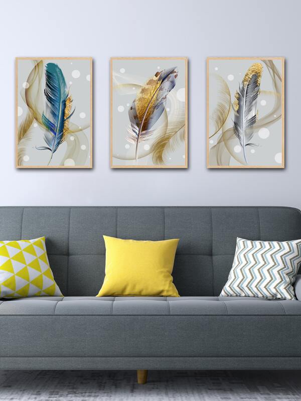 3pcs/set Polyester Unframed Painting, Feather Pattern Wall Art Painting For Home Wall Decor