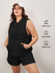 SHEIN BASICS 加大码毛圈绒袋鼠口袋抽绳卫衣 - 黑色 - 查看 1