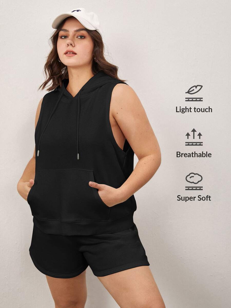 SHEIN BASICS 加大码毛圈绒袋鼠口袋抽绳卫衣 - 黑色 - 查看 1