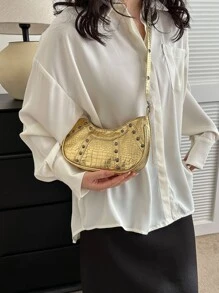 小流浪包鱷魚壓紋鉚釘裝飾金屬質感前衛 - 金色 - 查看 2