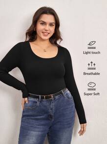 SHEIN BASICS Plus Solid Scoop Neck Tee - Black - View 1