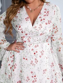 Double Crazy Vestido midi elegante con mangas acampanadas y estampado de flores pequeñas para mujer talla grande, apropiado para conciertos, fiestas y vacaciones - Blanco - Ver 6