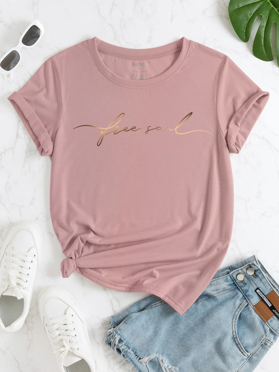 INAWLY Áo thun họa tiết chữ Graphic Tees Áo thun họa tiết nữ - Bụi hồng - Xem 1