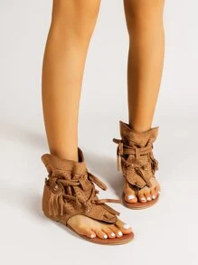 Women Tassel Decor Lace-up Front Thong Sandals,  Faux Suede Fashion Sandals - Brown - View 4