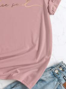 INAWLY Áo thun họa tiết chữ Graphic Tees Áo thun họa tiết nữ - Bụi hồng - Xem 4