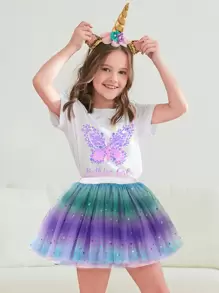 Young Girl Gradient Mesh Fluffy Skirt - Multicolor - View 1