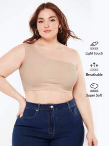 SHEIN BASICS Plus One Shoulder Crop Top - Apricot - View 1