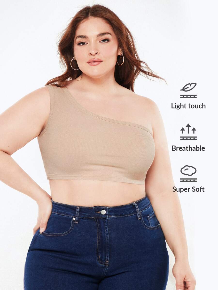 SHEIN BASICS Plus One Shoulder Crop Top - Apricot - View 1